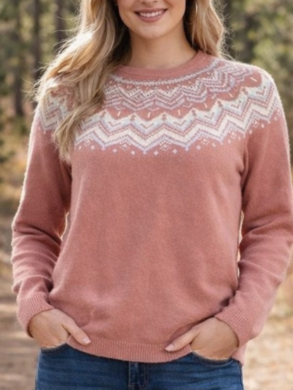 L.L. Bean Women's Rose Pink Fair Isle Crewneck Sweater